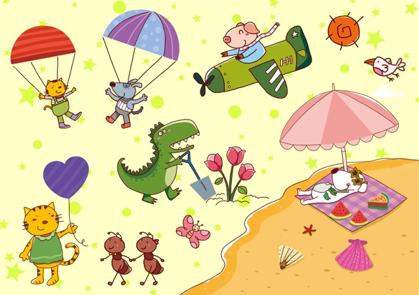 可爱卡通动物素材恐龙猫蚂蚁狗鸟太阳蝴蝶
