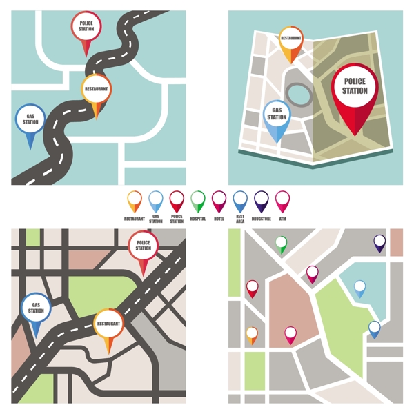 五颜六色的针指向重要公共区域的路线图