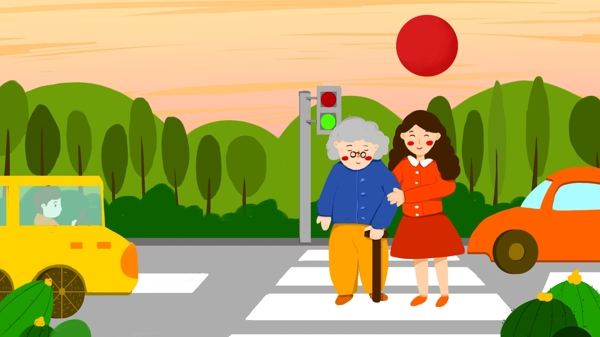 小清新插画国际志愿者日扶老奶奶过马路