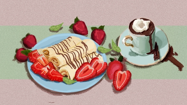 厨房美食草莓蛋卷咖啡小清新插画
