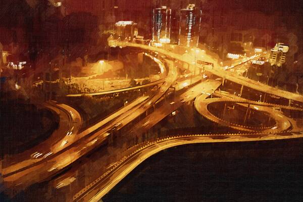 城市立交桥油画图片