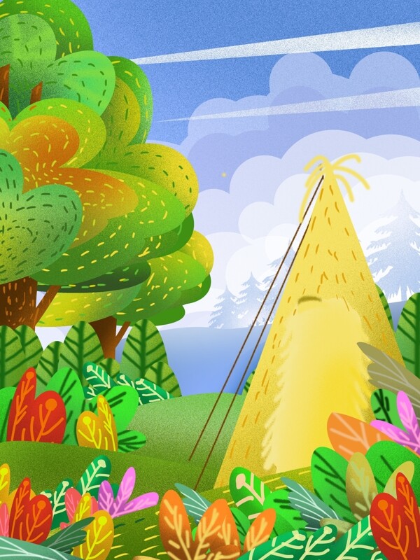 唯美小清新綠色風(fēng)景大樹插畫背景