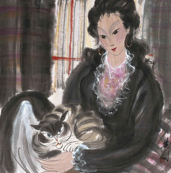 仕女和貓圖片
