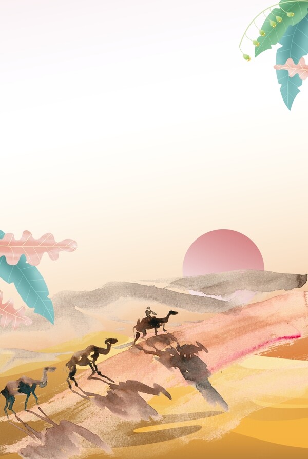 简约手绘风自然风景夕阳沙漠风景海报