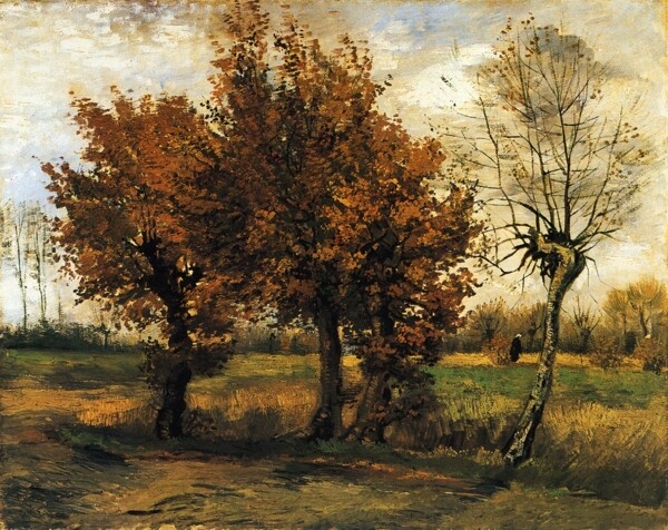 秋天树木风景油画图片