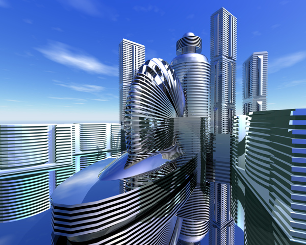 商業(yè)空間樓房建筑效果圖高樓大廈高科技區(qū)水滴科幻