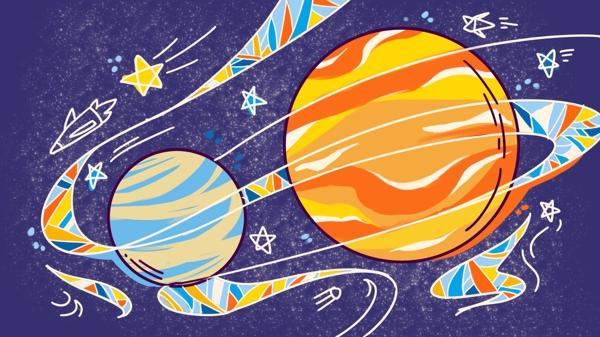 科技未来宇宙探索星球撞色描边手绘插画