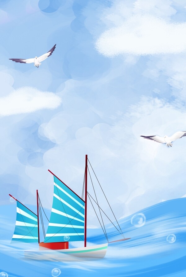 国际航海日手绘清新帆船海鸥海报
