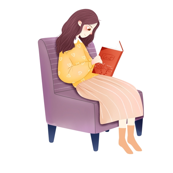 手绘坐在沙发上看书的女孩