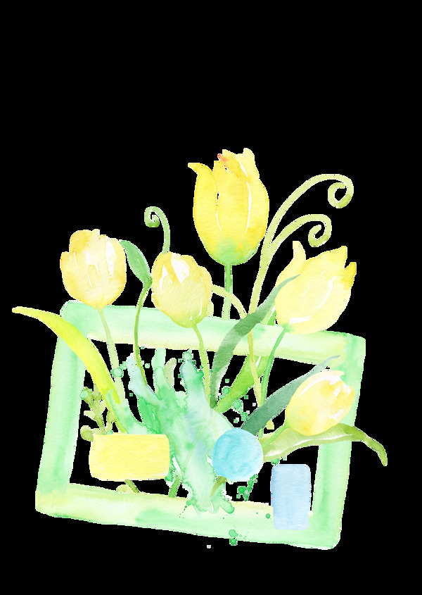 黄色花卉水彩手绘透明素材