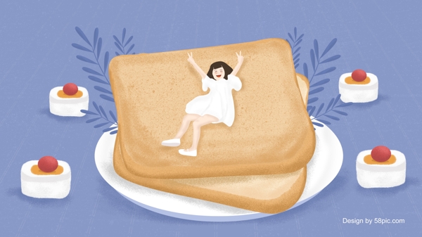 清新早安你好早餐面包女孩插画
