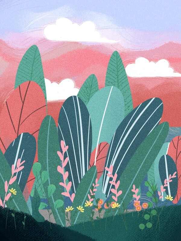 卡通手繪綠色植物風景插畫背景