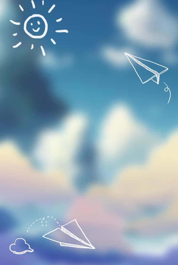 蓝天白云手绘纸飞机广告背景