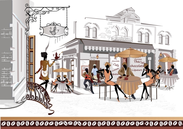 手绘欧洲街角咖啡厅插画