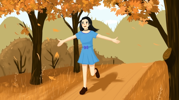 秋天你好快乐的在野外奔跑的女孩插画海报