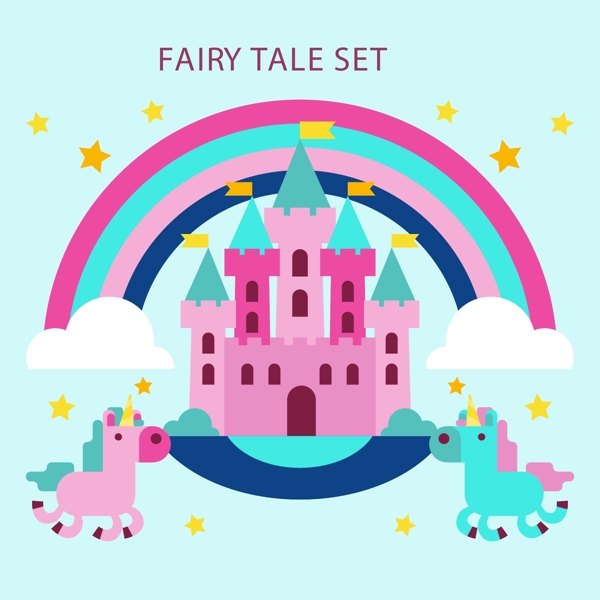 粉色童话城堡和独角兽矢量素材