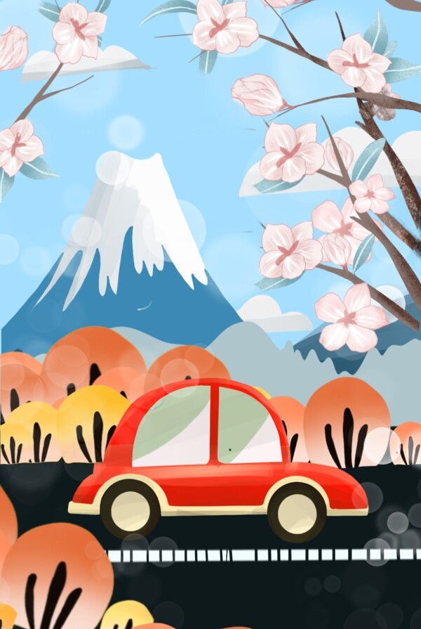 唯美日本旅行自驾游插画樱花富士山