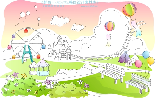 兒童線條插畫小孩游玩卡通童話韓國花紋時尚花紋底紋矢量素材矢量圖片HanMaker韓國設(shè)計素材庫