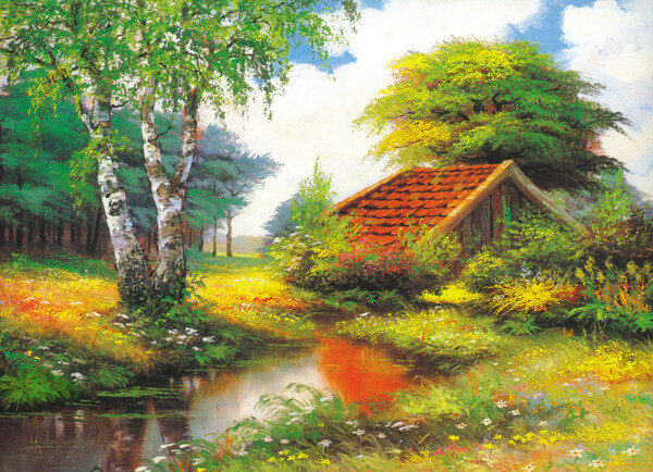 树木房屋油画图片