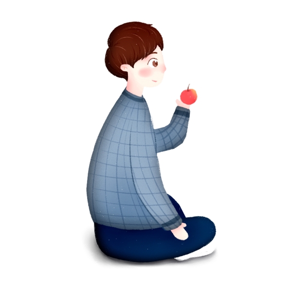 盘腿坐着吃苹果的男生