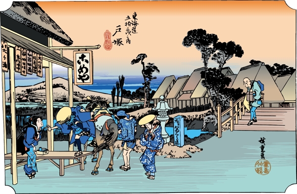 日本浮仕繪與彩繪風景和人物圖片