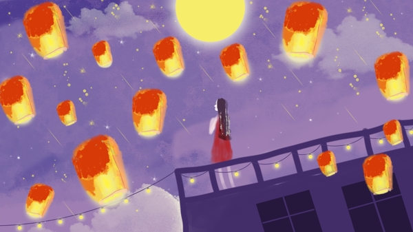 中元节女孩在天台上祈愿孔明灯原创插画