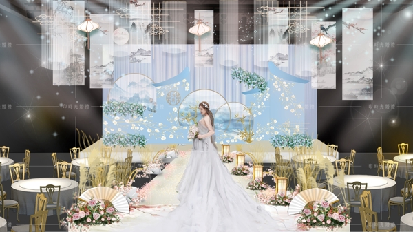 新中式蓝色婚礼效果婚礼背景图片