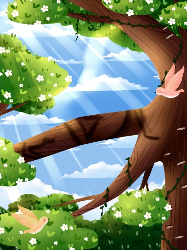清新夏季树林小鸟背景设计