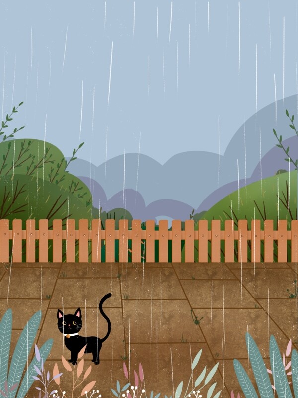 雨季唯美院内风景插画背景