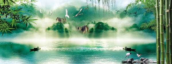 中式山水国画风景背景墙图片