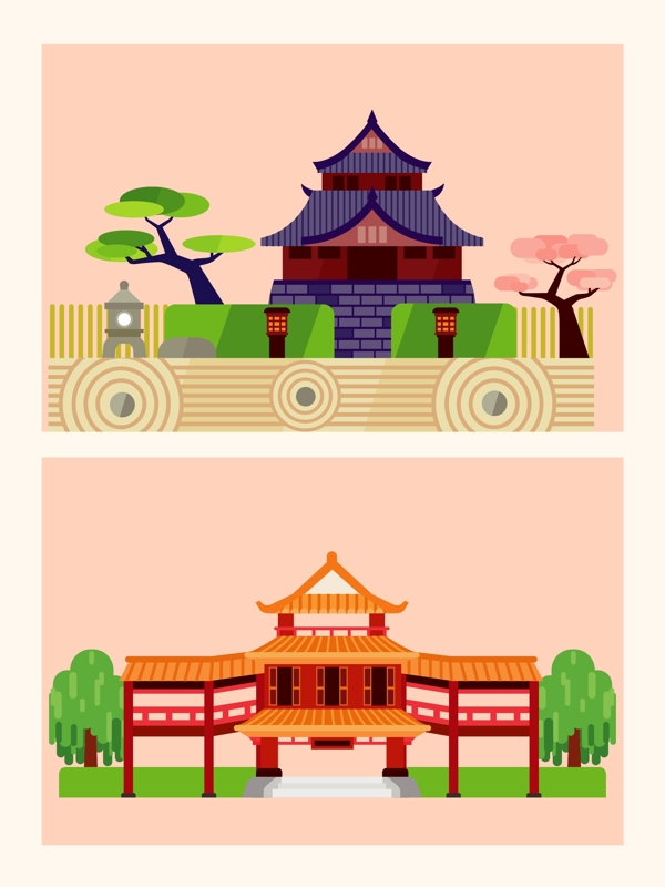 中国风标志城市建筑卡通矢量元素