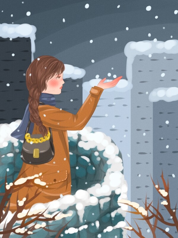 唯美冬季俯瞰城市雪景的都市女孩