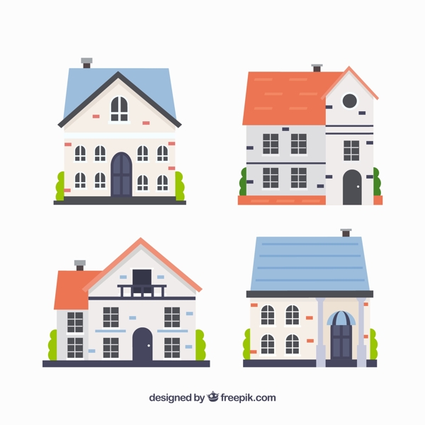 4款彩色屋顶住宅设计矢量图