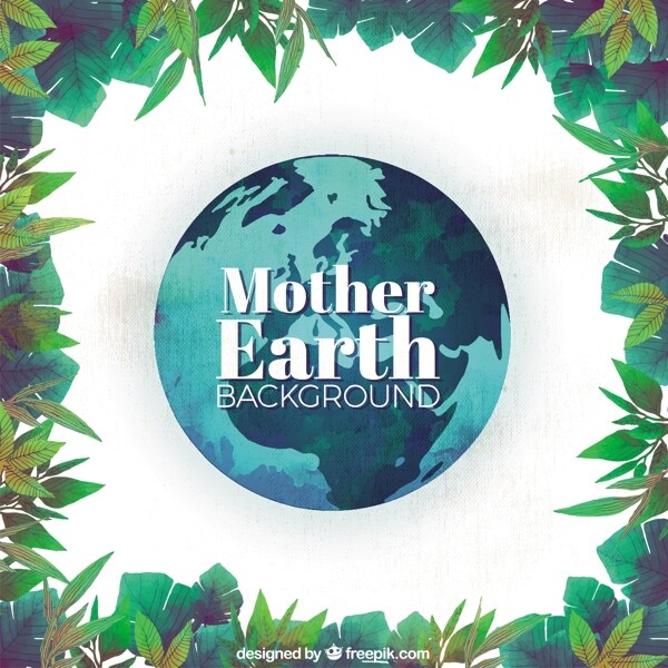 水彩地球母亲日背景与树叶框架
