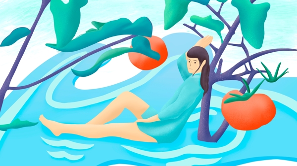 你好八月侧身坐在水面西红柿树下的女孩插画