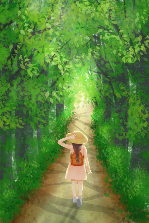 手绘女孩绿色森林中探险