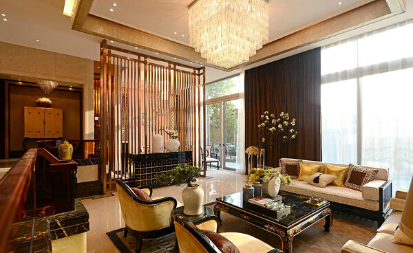 现代时尚方形金色水晶灯客厅室内装修效果图