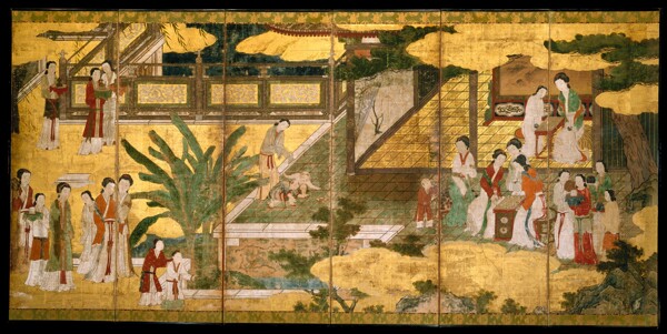 六聯(lián)屏風(fēng)貴婦攜子游園