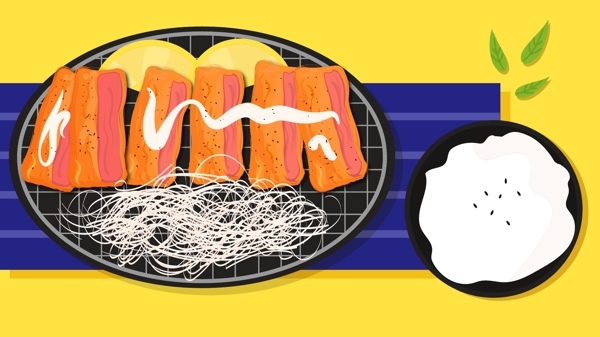 原创矢量插画美食系列之炸鸡排配白米饭