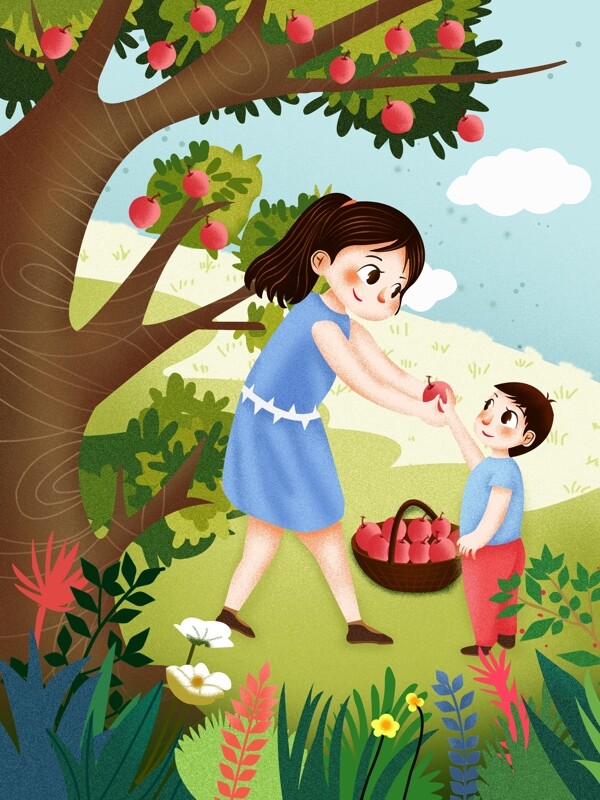 幸福时光亲子苹果树下母亲给小孩摘苹果插画