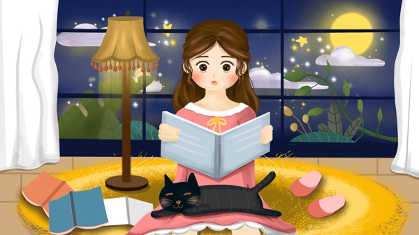 晚安之月色中看书的女孩
