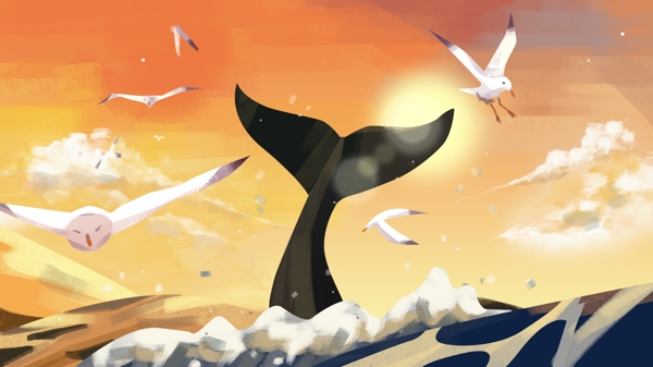 夏日黄昏夕阳海洋鲸鱼海鸥嬉戏