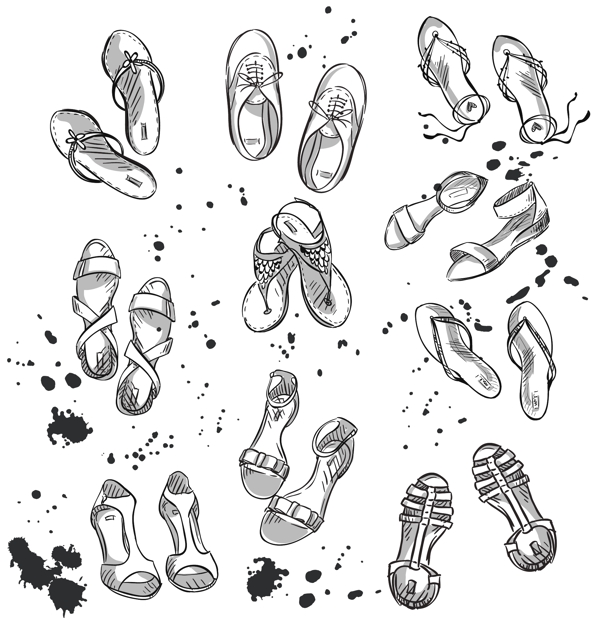 黑白手绘女生鞋子插画