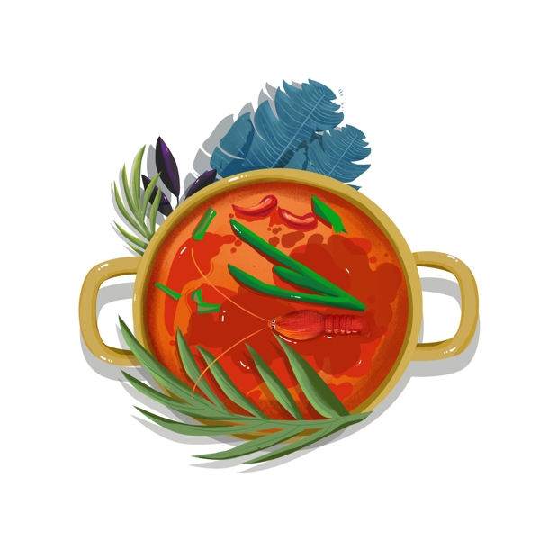 叶子虾汤锅火锅红色食物插画风元素
