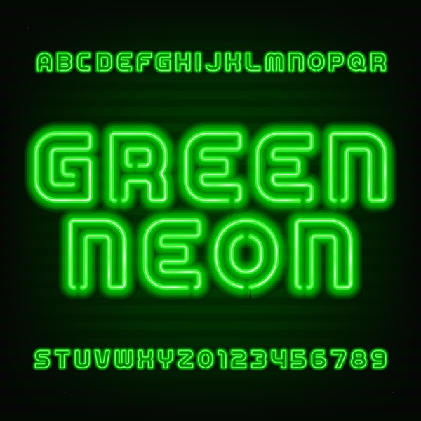 36个绿色霓虹灯字母和数字矢量素材