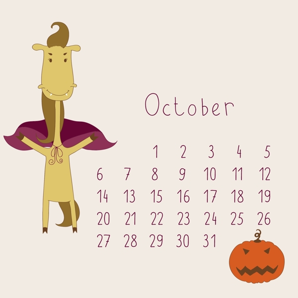 可爱的卡通十月月历设计矢量