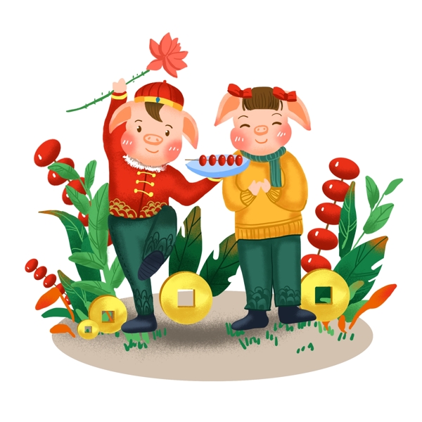 簡(jiǎn)約豬年豬糖葫蘆荷花元素場(chǎng)景插畫