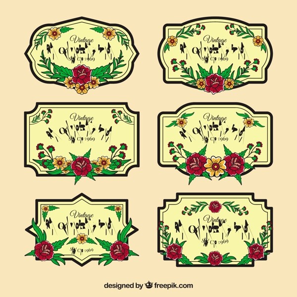六个复古风格花卉标签