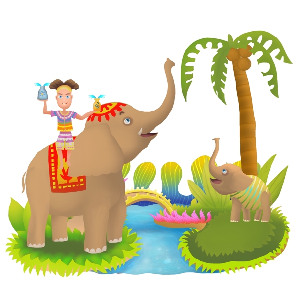 可商用高清手绘泼水节大象与小象同欢乐