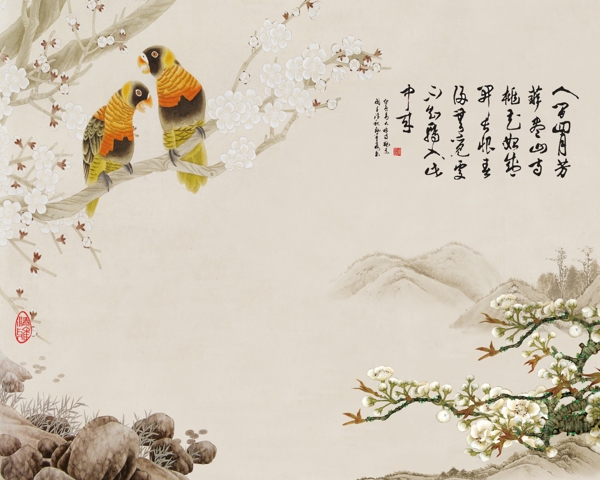 手绘新中式意境桃花背景墙